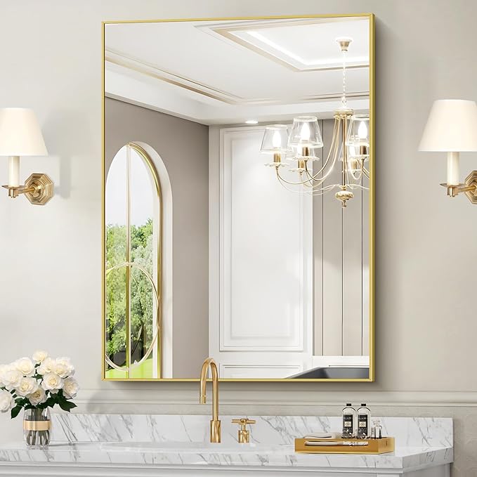 30x40In Gold Bathroom Mirror for Wall, Brushed Gold Rectangle Mirrors with Metal Frame, Bathroom Rectangular Mirror Modern Wall Mirror for Bedroom Living Room, Hangs Horizontal or Vertical