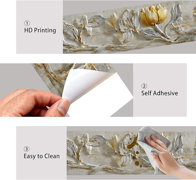 Nuxovilar Wallpaper Border Peel and Stick, Gold & White Tulip Floral Pattern Self-Adhesive Wallpaper, PVC 3.94×16.4 Ft, Ideal for Bedroom, Dining Room, Luxury Decor