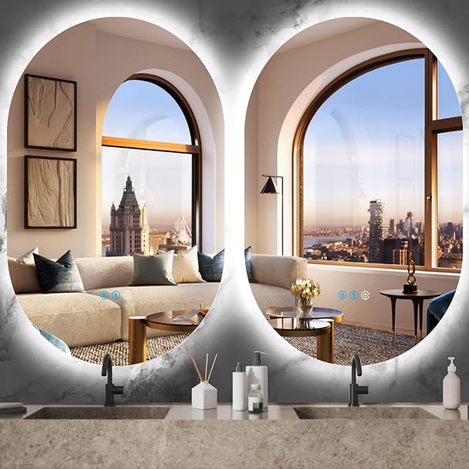 36 x 24 Inch Oval Backlit Mirror 3 Color Adjustable Brightness Antifog Horizontal Vertical Mount 36" Frameless Oval Lighted Vanity Mirror for Bathroom Wall LED Ovals Light up Smart Mirrors 3