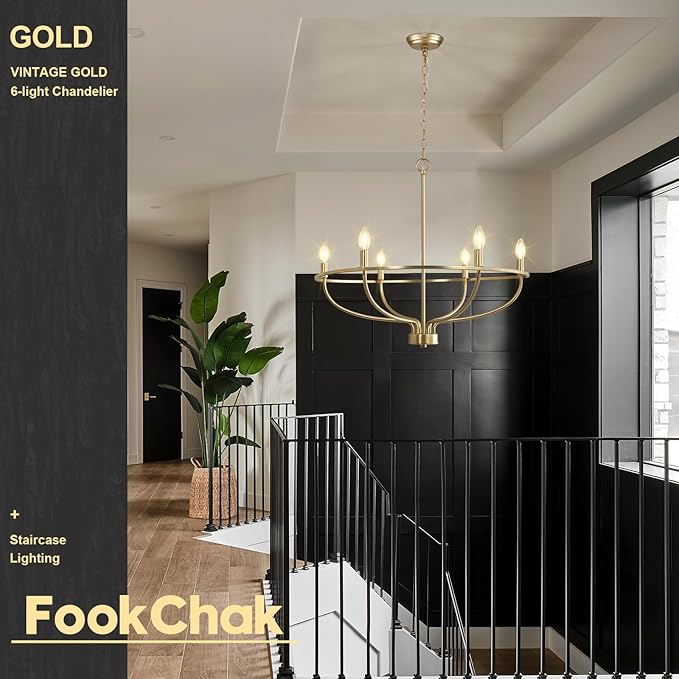 6 Light Gold Chandelier, Brushed Gold Light Fixture Dining Table Candle Brass Chandelier Lighting for Bedroom Hallway Entryway Living Room Kitchen 29in Brushed Brass Chandeliers