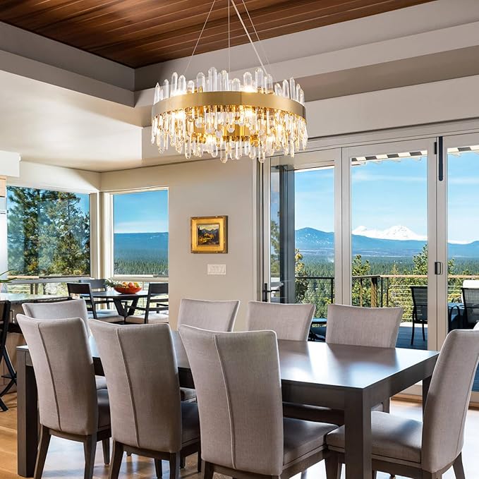 Modern Crystal Chandelier,Luxury Round 2 Tiers K9 Crystal Chandelier, 12-Light Brass Gold Round Flush Mount Ceiling Light Fixture for Dining Room Kitchen Foyer,D 23.6"