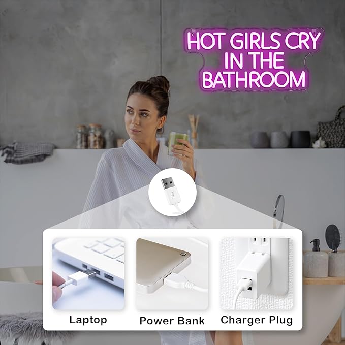 Looklight Hot Girl Cry in The Bathroom Neon Sign,Words Neon Light,Pink Letter Led High Visibility Advertisement Board USB Wall Decor for Bar Girls Room Bathroom Pub