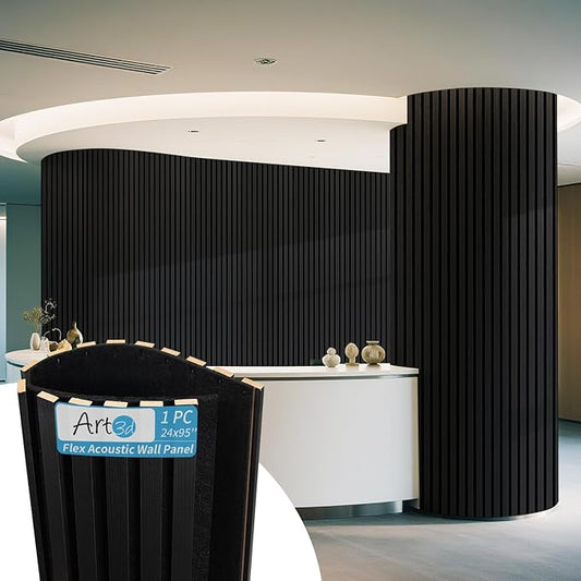 Art3d Acoustic Wood Slat Wall Panel with Roll-Flat Design - 95.3 x 23.8 Inch Sound Absorbing Panels for Living Room Columns Corridor Curved Wall Decor, 1-Pack Blackwood
