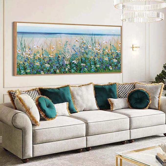 Large Blue Seaside Cyan Floral Wall Painting wildflower Blossom Art Framed Artwork for Living Room Bedroom 20x40 Inch