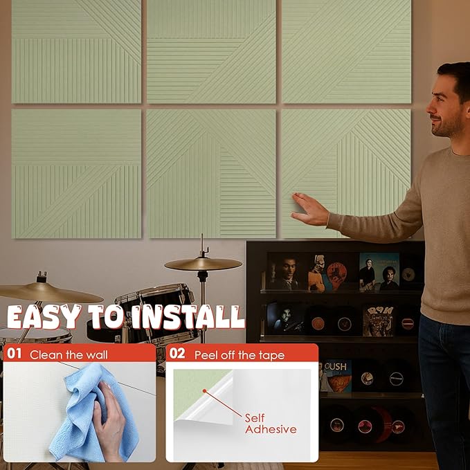 Acoustic Panels 6 Pack, Soundproof Wall Panels 23.6 x 23.6 Inches, Large Decorative Sound Absorbing Panels,Self-Adhesive Acoustic Treatment for Home Studio Office, VerdeLux