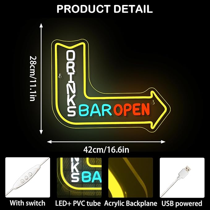 Looklight Drinks Bar Open Neon Sign for Wall Decor Right Arrow LED Light Sign Decoration for Bar Restaurant Man Cave Parties Cart Accessories, Get Your Business Seen Day Or Night