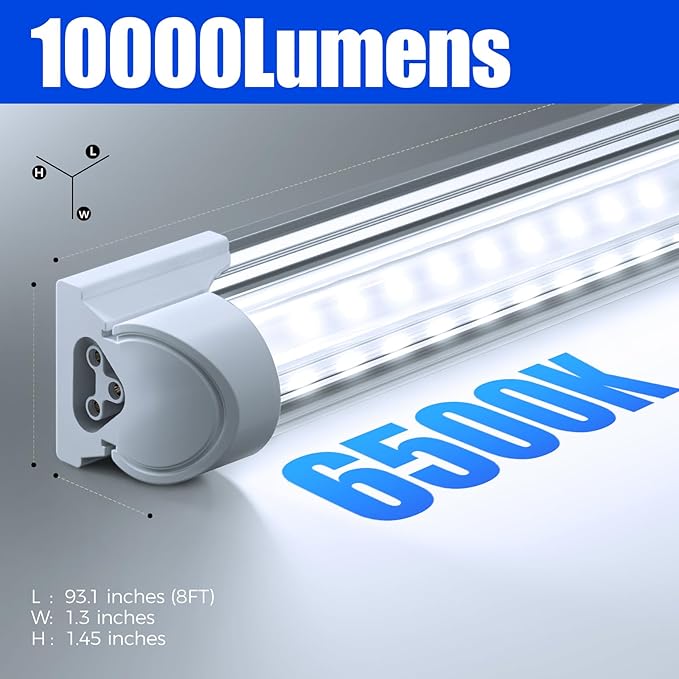 Barrina 8FT LED Shop Light, 72W 10000LM 6500K, Clear Cover Linkable LED Tube Lights, Integrated T8 Light Fixture, V Shape Ceiling Lights for Garage, Warehouse, Workshop, 6 Packs