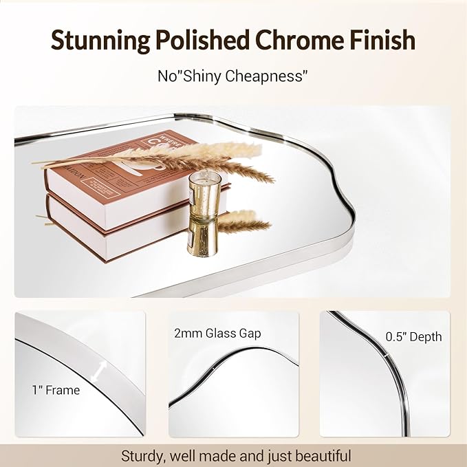 ANDY STAR Scalloped Arched Mirror, 24x38 Polished Chrome Irregular Bathroom Mirror for Vanity, Asymmetrical Curved Top with Anti-Rust Stainless Steel Frame, for Entryway, Bedroom, Mantel, Fireplace