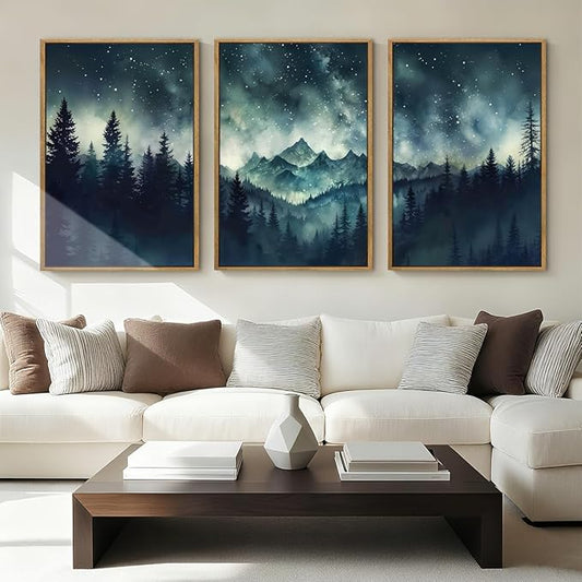 Large Misty Forest Mountain Wall Art Framed Dark Starry Sky Wall Decor Modern Wilderness Art Print for Living Room Bedroom Office 16x24 Inch Set of 3