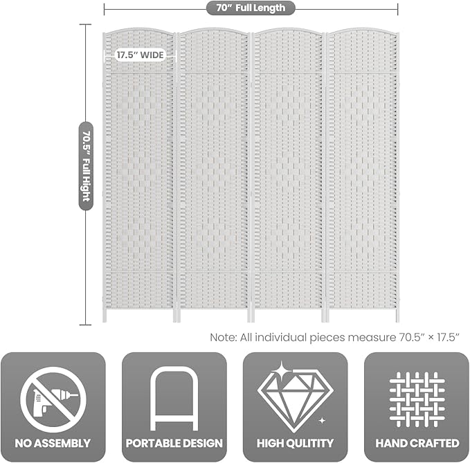 6 Panel Room Divider,6Ft Folding Privacy Screen,Tall - Extra Wide Foldable Panel Partition Wall Divider with Diamond Double-Weaved Hand-Woven Design Room Screen Divider