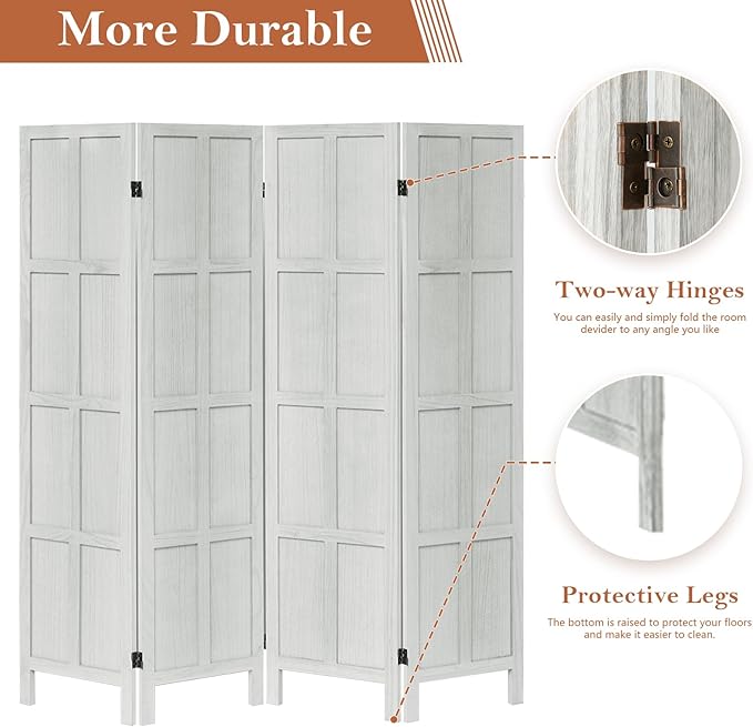 4 Panel Room Divider and Folding Privacy Screen, Classic 5.6Ft Wood Room Divider Wall, Partition Screen Divider for Room Separation for Home Office, Bedroom, Office, Dressing Room, White