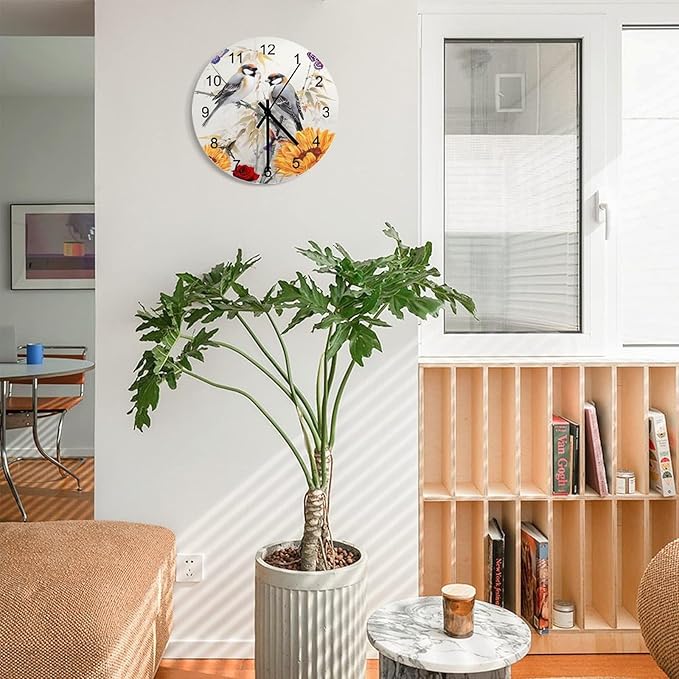 Bird Bamboo Forest Oriental Art Circular Wall Clock, Black Bamboo Forest Butterfly Love Bird Art Decoration, Colorful Butterfly Art Home Wooden Silent Wall Clock 12x12INCH