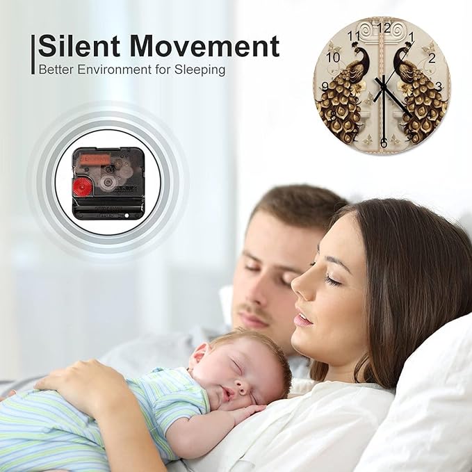 Classic and Retro Peacock Round Wall Clock, Asian Luxurious Art Peacock Feather Watercolor Peacock Feather Animal Retro Grey Modern Room Wooden Silent Wall Clock 12x12INCH