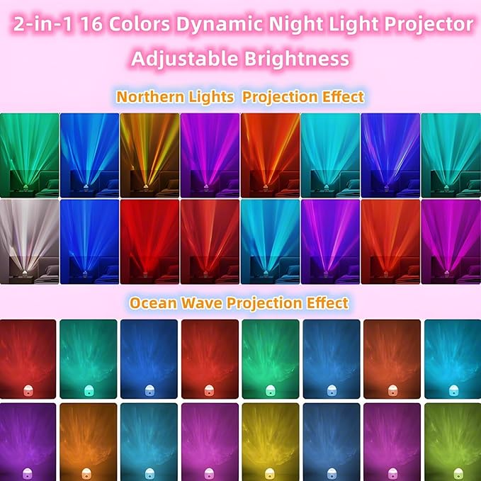 2 in 1 Galaxy Light,16 Color Northern Lights Projector,Ocean Wave Projector Sunset Lamp with Remote Control,USB Recharge Aurora Night Light Projector for Bedroom Home Decor Kids Girl Gift(Aurora&Wave)