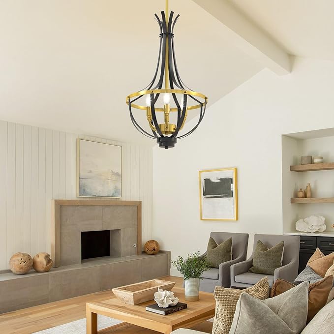 Black and Gold Chandelier, 6-Light Dining Room Light Fixture, Farmhouse Kitchen Island Lighting, Modern Kitchen Chandeliers Over Table, Hanging Pendant Lights for Bedroom, Foyer, Staircase, Entry