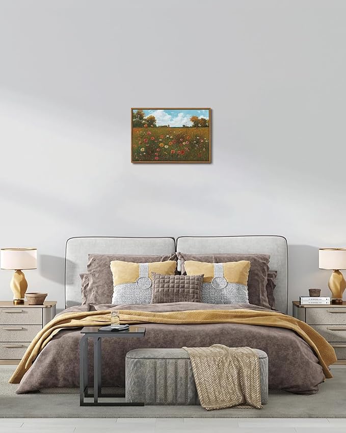 KISSFOX Vintage Landscape Framed Wall Art Autumn Farmhouse Wildflower Field Canvas Art Natural Fall Countryside Paintings Artwork Rustic Art Prints For Bedroom Bathroom Living Room