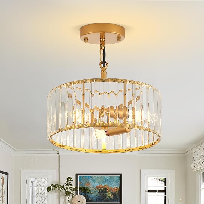 Modern Crystal Gold Chandelier for Dining Room,11.7 inch Semi Flush Mount Ceiling Dining Room Light Fixture with E12 Base*3,Round Pendant Lighting for Bedroom Hallway Bathroom Foyer Kitchen