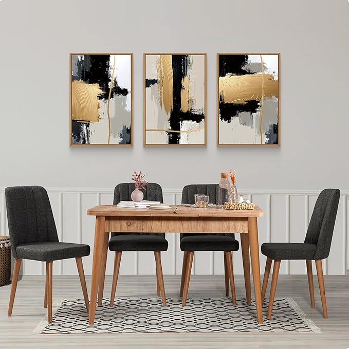 Abstract Black Gold Framed Canvas Wall Art Set,Modern Minimalist Black White Wall Decor,Neutral Color Block Line Art Print for Living Room,Bedroom,Dining Room,Office-16 x24 x3