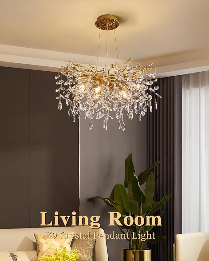 Modern Tree Branch Crystal Chandelier Luxury Gold Crystal Pendant Lighting 23.6" Contemporary 8-Light Chandeliers for Dining Room Kitchen Bedroom Living Room