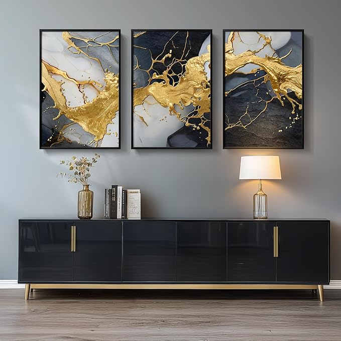 Large Framed Black and White Gold Abstract Wall Art for Living Room, Set of 3 Piece Canvas Paintings Artwork for Walls, Modern Art Prints Pictures for Hallway Office Wall Decor 24x36 Inch