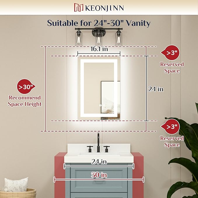 Keonjinn LED Mirror for Bathroom 16 x 24 Inch, Frontlit & Backlit Bathroom Vanity Mirror with 3 Color Lights, Lighted Bathroom Mirror with Anti-Fog, HD Tempered Glass, UL-Listed LED Driver, CRI90+