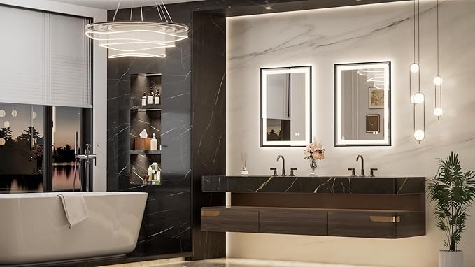 Keonjinn 24 x 32 Inch Black LED Bathroom Mirror with Frontlit & Backlit, Lighted Bathroom Mirrors Wall Mounted, Tempered Glass, Aluminium Alloy Beveled Frame, 3000K/4500K/6000K, Dimmable, Defogging