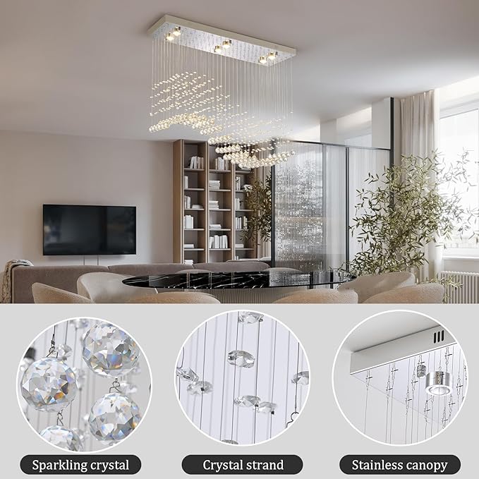 Modern Silver Crystal Raindrop Chandelier: 31.5" Rectangle Dimmable Lighting with Remote - Contemporary Chrome Wave Ceiling Light for Kitchen Dining Room Living Room Staircase Foyer Entryway Bedroom