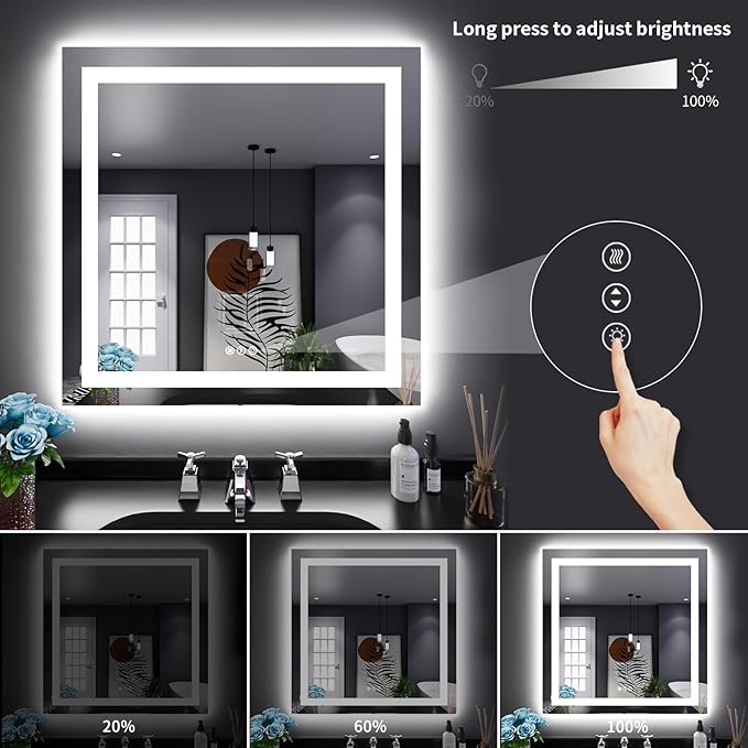 LOAAO 32"X32" LED Bathroom Mirror with Lights, Anti-Fog, Dimmable, Backlit + Front Lit, Lighted Bathroom Vanity Mirror for Wall, Memory Function, Tempered Glass, Shatter-Proof, ETL Listed