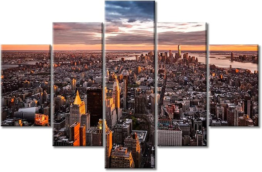 Manhattan Skyline Wall Art Canvas Print 5 Pieces Aerial View of Beautiful Manhattan Cityscape Modern Home Decor Artwork Paintings Print on Canvas Stretched and Framed Ready to Hang (60"Wx40"H)