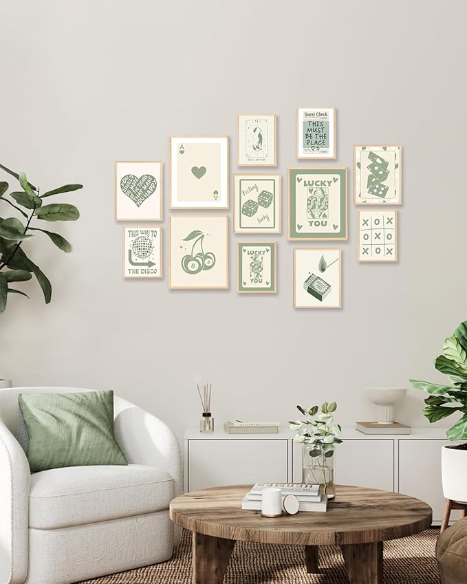 KBKBART Green Lucky Poster Set of 12, Retro Sage Green Playing Card Wall Art, Trendy Green Wall Art Aesthetic Pictures, Poker Room Decor, Funky Ace Card Prints Queen of Hearts Decor, Lucky You Poster for Bedroom Dorm Decor - UNFRAMED