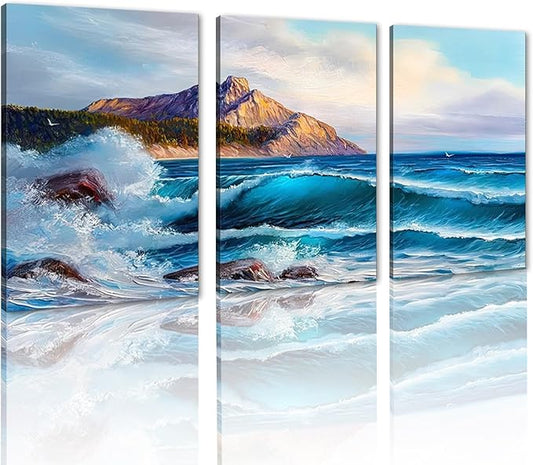 Large Canvas Wall Art for Living Room Blue Ocean Beach Sea Waves Nature Landscape Seascape Painting Modern Minimalist Seascape Coastal Artwork for Bedroom Office Framed - 24x36inchx3Pcs