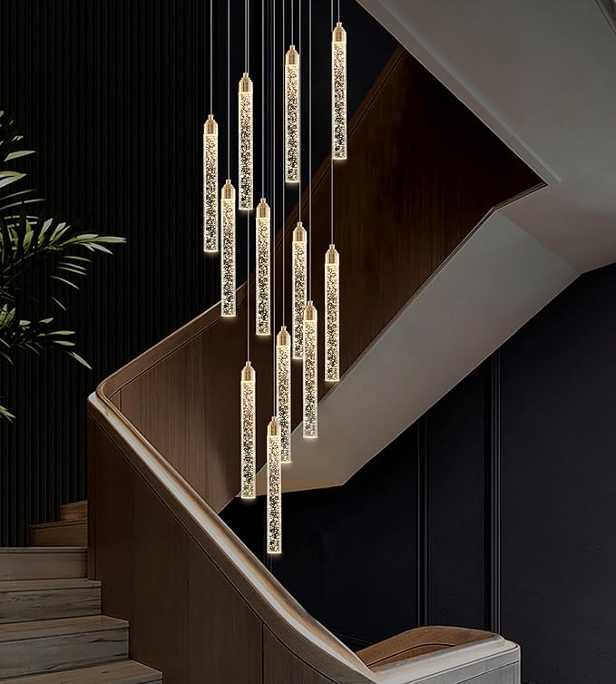 12-Lights High Ceiling Crystal Staircase Chandelier Gold, Modern Spiral Raindrop Dimmable LED Bubble Cluster Ceiling Hanging Lighting Fixture for Foyer Living Room Entrance Remote Control
