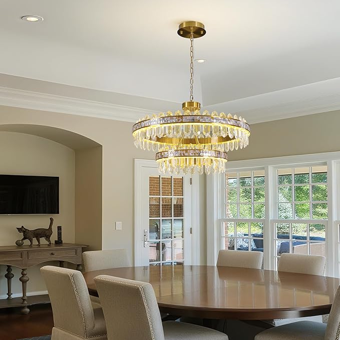 2-Tier Round LED Crystal Chandelier for Living Room - Large 3 Colors Stepless Dimmable Gold Chandeliers,Modern Adjustable Height high ceiling Light Fixture for Dining Room Entryway With Remote Control