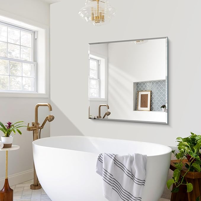 Beveled Mirror, 36x36 inch Square Bathroom Mirrors for Wall, Upgraded Shatterproof Frameless Vanity Mirror Over Sink with Beveled Edge for Bathroom,Bedroom,Living Room and Entryway