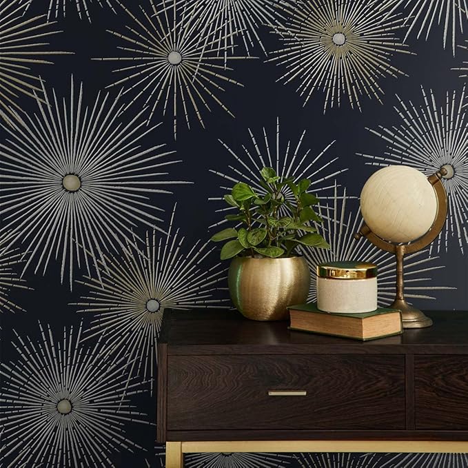 NextWall Star Burst Geo Mid Century Peel and Stick Wallpaper (Midnight Blue & Metallic Gold)
