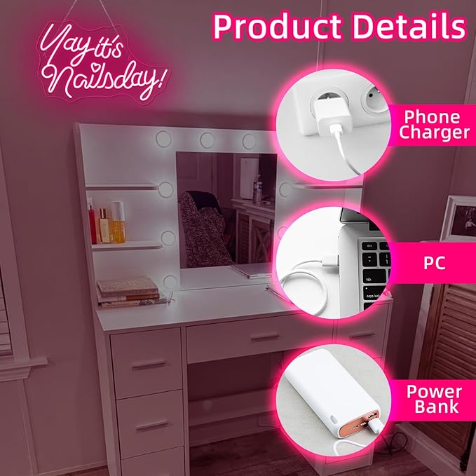 Lucunstar Yay It's Nails Day Neon Sign,Pink Led Light,USB Connectivity Led Neon Sign with Dimming Switch for Home Wall Decor,Girls Room Party Room Decor