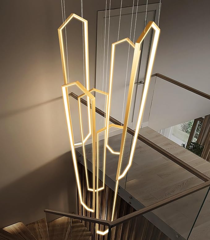 6 Rings Large Chandelier for Staircase Modern High Ceiling Chandelier LED Dimmable Chandeliers for Foyer Living Room Villa Gold