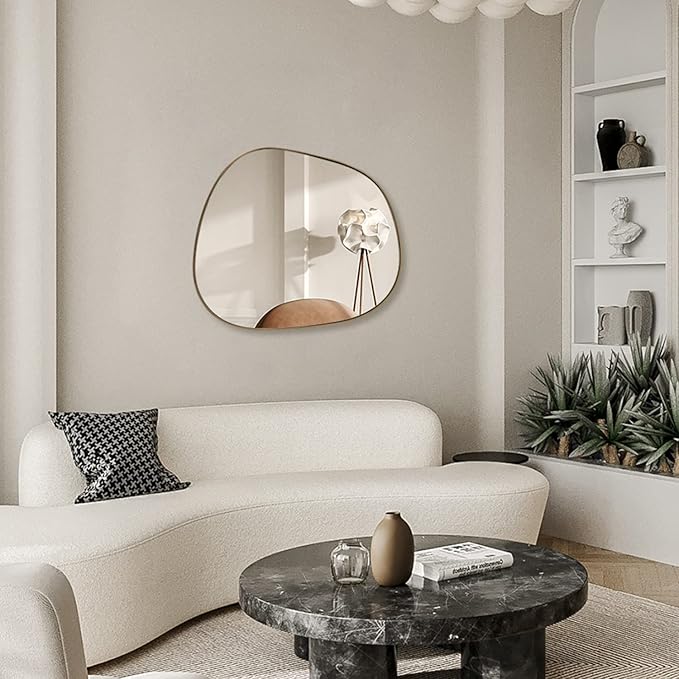 Asymmetrical Mirror for Wall Decor 27"*35", Modern Brass Framed Wall Mirror for Living Room Bathroom Bedroom Entryway ELE-STOU-0063G