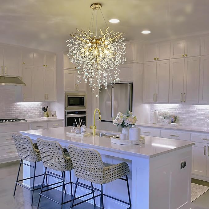 24 inch Crystal Chandelier for Dining Room, Round Gold Tree Branches Chandeliers, Top K9 Crystal Chandelier, Modern Chandeliers for Kitchen,Foyer Entryway,Luxury Adjustable Hanging Chandeliers