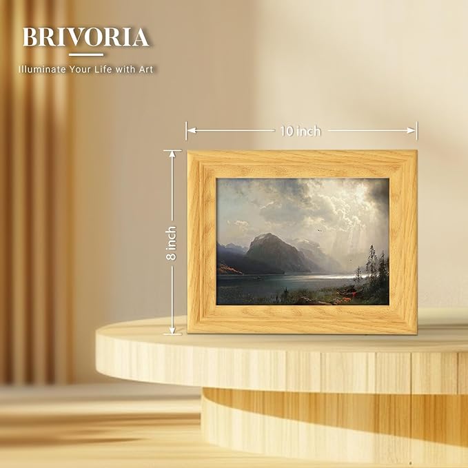 Brivoria Framed Canvas Wall Art Vintage Decor, Romantic Mountain Lake Scene with Stormy Sky Canoes Sunlight Rays and Birds for Bedroom Entryway Shelf Display or Tabletop Decoration, 8"x10"