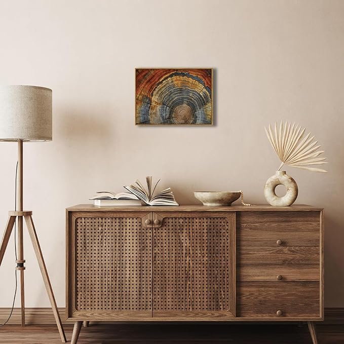 BingruiArt Framed Tree Ring Canvas Wall Art Red and Gold Abstract Wood Wall Decor Boho Modern Colorful Nature Prints Pictures Poster for Living Room Bedroom Bathroom Office 12"x16" Natural Framed(03)