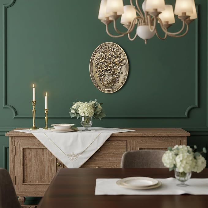 Newinhome Vintage Flower Wall Sculpture, Antique Wall Decor, Hand Painted Wall Decorations with Embossed Flower Design, Antique Pediment, Gold Decor for Living Room Bedroom Hallway, Unique Gifts