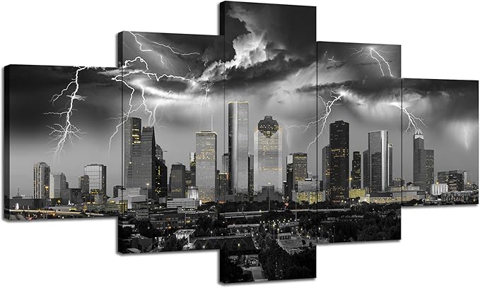 Cawpom Houston Black and White Wall Art Texas Nature Lightning Strikes Wall Decor Houston City Picture Canvas Print Storm Cityscape Painting Poster Frame Home Living Room Decoration(60x32 inches)
