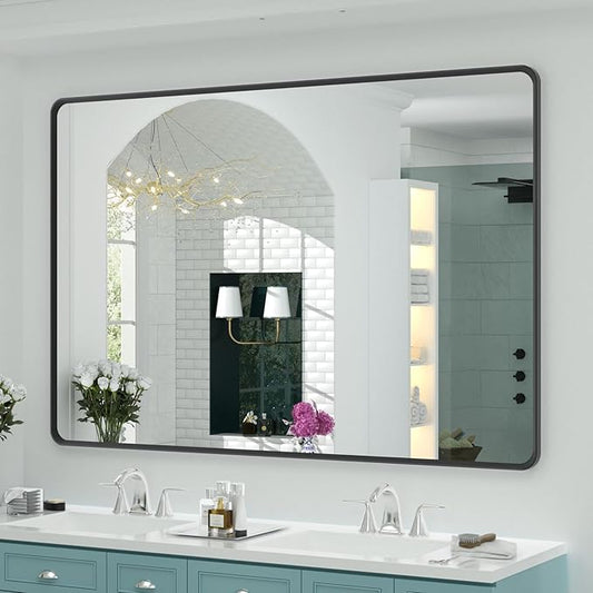 OKPAL 55X40 Inch Matte Black Bathroom Mirror, Black Framed Bathroom Vanity Mirror, Black Rectangle Mirror, Round Corner, Rustproof, Shatter-Proof (Horizontal/Vertical)
