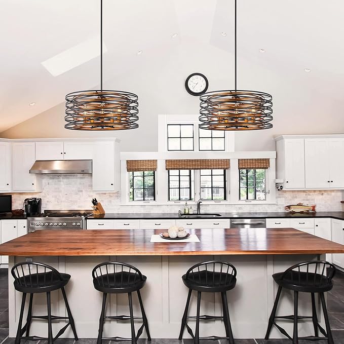 5-Light Farmhouse Drum Chandeliers, 2-Tiers Pendant Light Fixture for Dining Room, Living Room, Bedroom, Adjustable Height 17~47", Wood Texture & Matte Black Finish