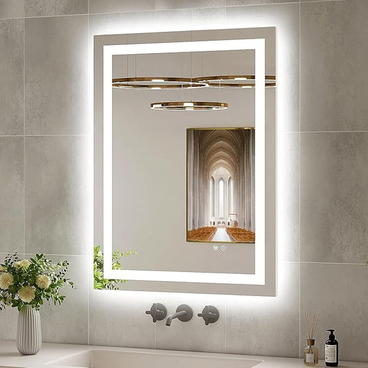 24x32 LED Bathroom Mirror with Lights, Brighter Backlit + Front Lit, Tempered Glass, Dimmable, Multiple Light Modes, Anti-Fog Lighted Bathroom Vanity Mirror for Wall, Memory Function