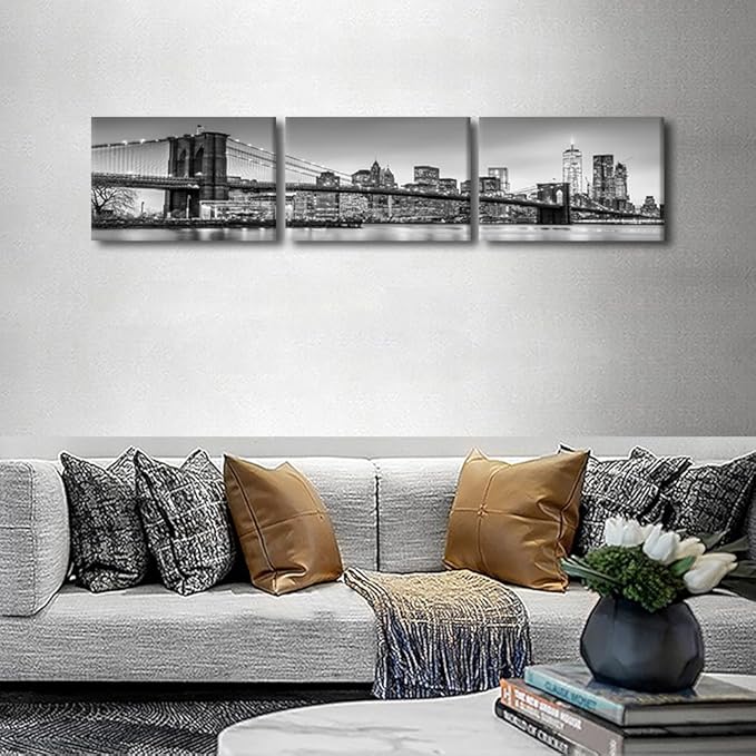 Canvas Wall Art Print New York Cityscape Wall Art for Bedroom Brooklyn Bridge Panorama Wall Decor Art Paintings City Reflection Modern Giclee Artwork for Office Home Decor Ready to Hang 14x60 Inch