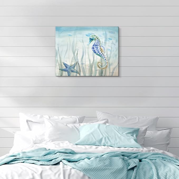 Ocean Wall Art Sea Life Wall Decor Costal Watercolor Seahorse Painting Blue Ocean Animal Pictures Starfish Canvas Artwork for Bathroom Bedroom Home Decoration 16x12Inch