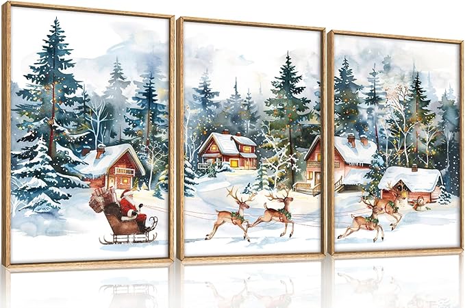 Christmas Santa Sleigh Deer Framed Canvas Wall Art Set, Reindeer Design Decor, Winter Snow Forest Tree Wall Painting, Christmas Art Print for Living Room, Bedroom, Office 16"x24"x3