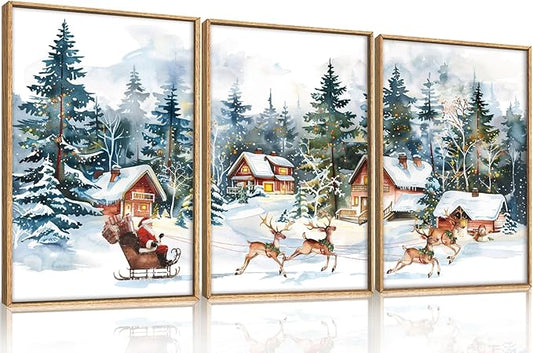 Christmas Santa Sleigh Deer Framed Canvas Wall Art Set, Reindeer Design Decor, Winter Snow Forest Tree Wall Painting, Christmas Art Print for Living Room, Bedroom, Office 16"x24"x3